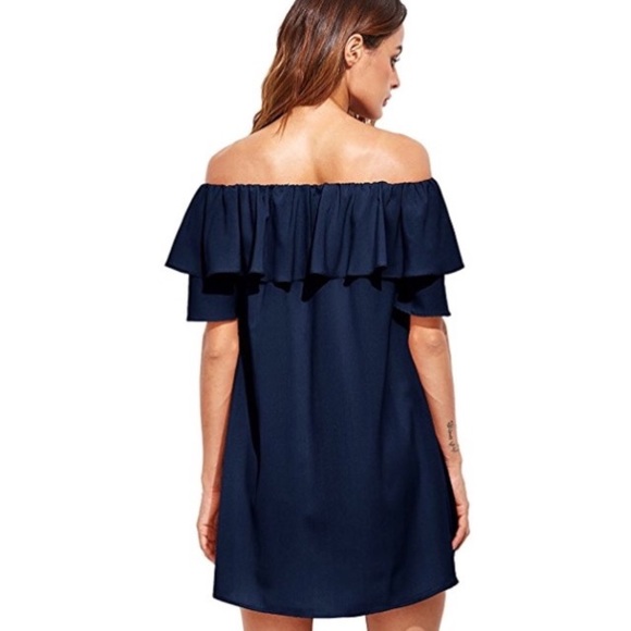 Ruffle Off Shoulder Short Sleeve Loose Shift Dress - Picture 2 of 5